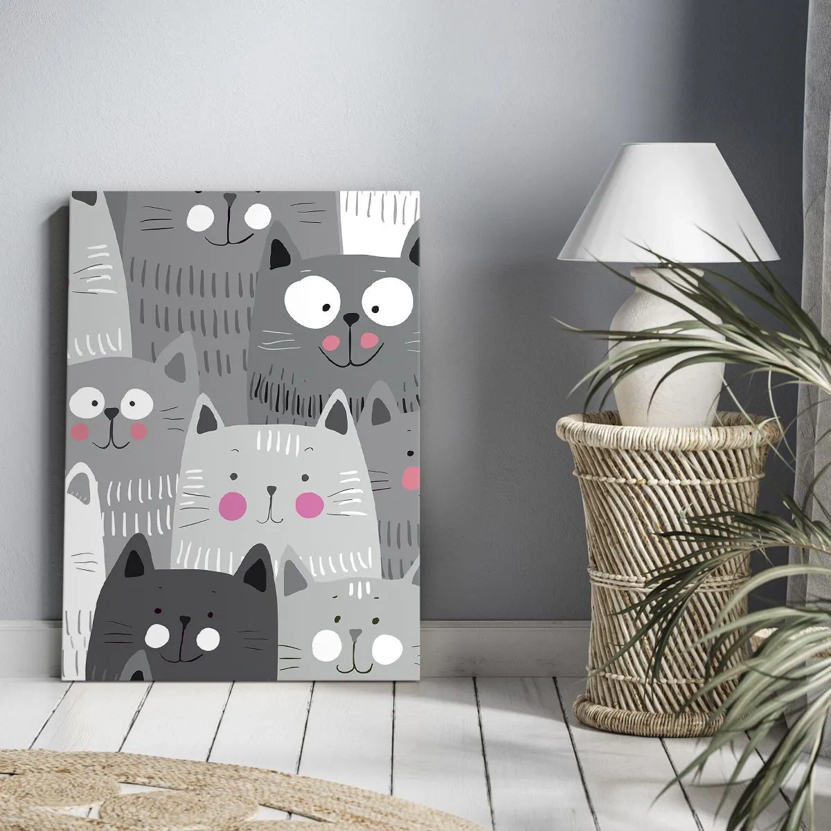 Bild auf Leinwand - Leinwandbild - Ein lustiges Muster mit Katzen in Grautönen - 50x70cm - Katzenwelt - Moderne Wanddekoration für Wohnzimmer und Schlafzimmer ARTTOR