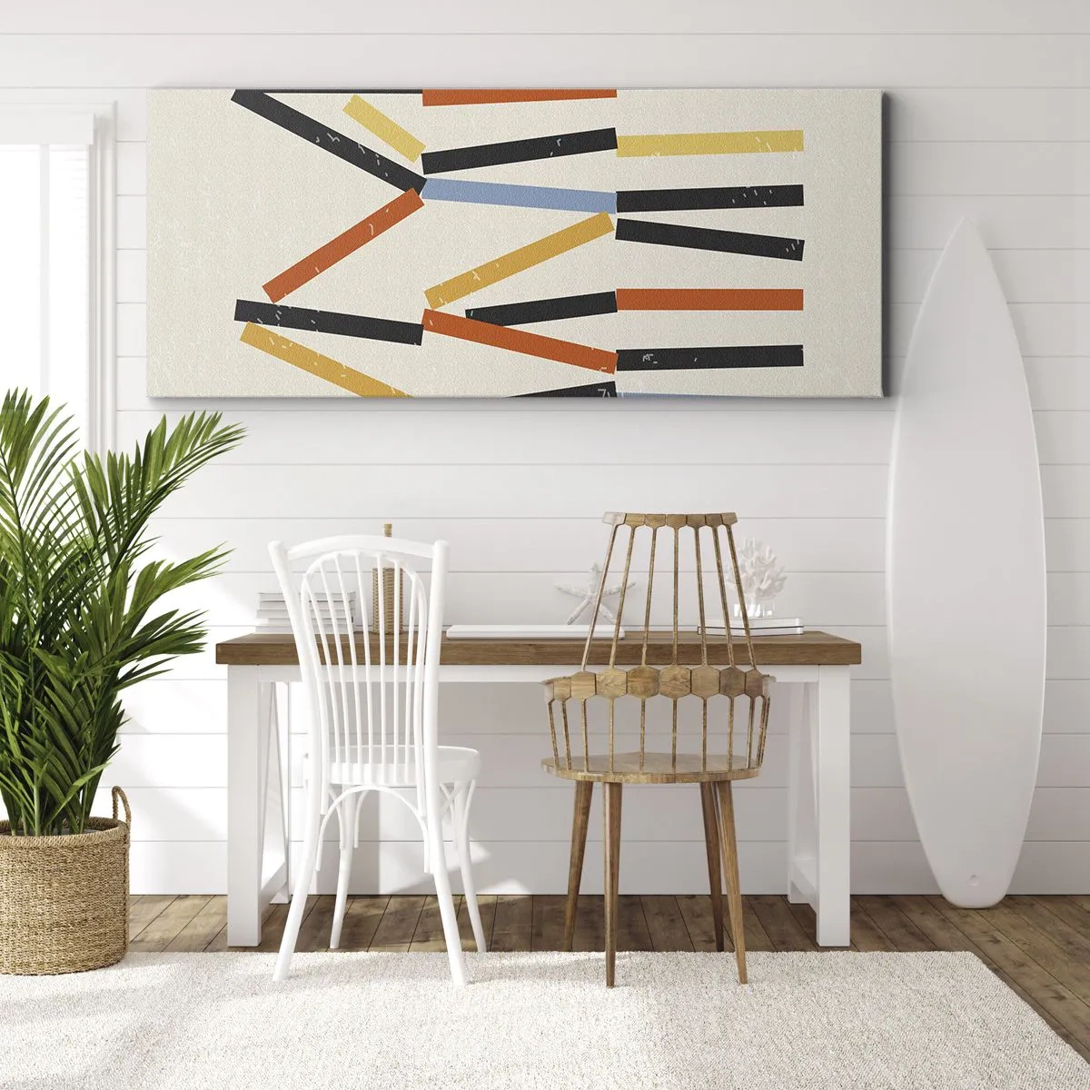 Bild auf Leinwand - Leinwandbild - Abstrakte Komposition mit farbigen und schwarzen Rechtecken in horizontaler Anordnung - 160x50cm - Komposition auf der Ebene - Moderne Wanddekoration für Wohnzimmer und Schlafzimmer ARTTOR
