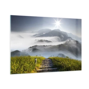 Glasbild - Bild auf glas - Berglandschaft mit Nebel und Treppen zum Gipfel - 100x70cm - Immer noch den Wolken entgegen - Moderne Wanddekoration für Wohnzimmer und Schlafzimmer ARTTOR