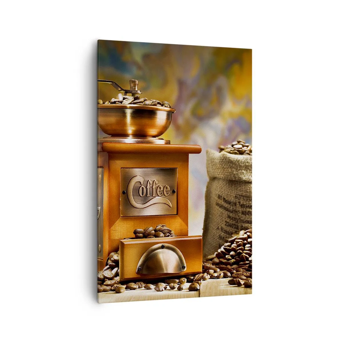 Bild auf Leinwand - Leinwandbild - Kaffeemühle mit Bohnen und einer Tasse auf dem Hintergrund - 80x120cm - Das Knirschen der Körner, das Rasseln einer Mühle - Moderne Wanddekoration für Wohnzimmer und Schlafzimmer ARTTOR