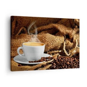 Bild auf Leinwand - Leinwandbild - Eine Tasse Kaffee, umgeben von einer Tüte Kaffeebohnen - 70x50cm - Der Geruch von Mokka und die Dicke der Honigflüssigkeit - Moderne Wanddekoration für Wohnzimmer und Schlafzimmer ARTTOR