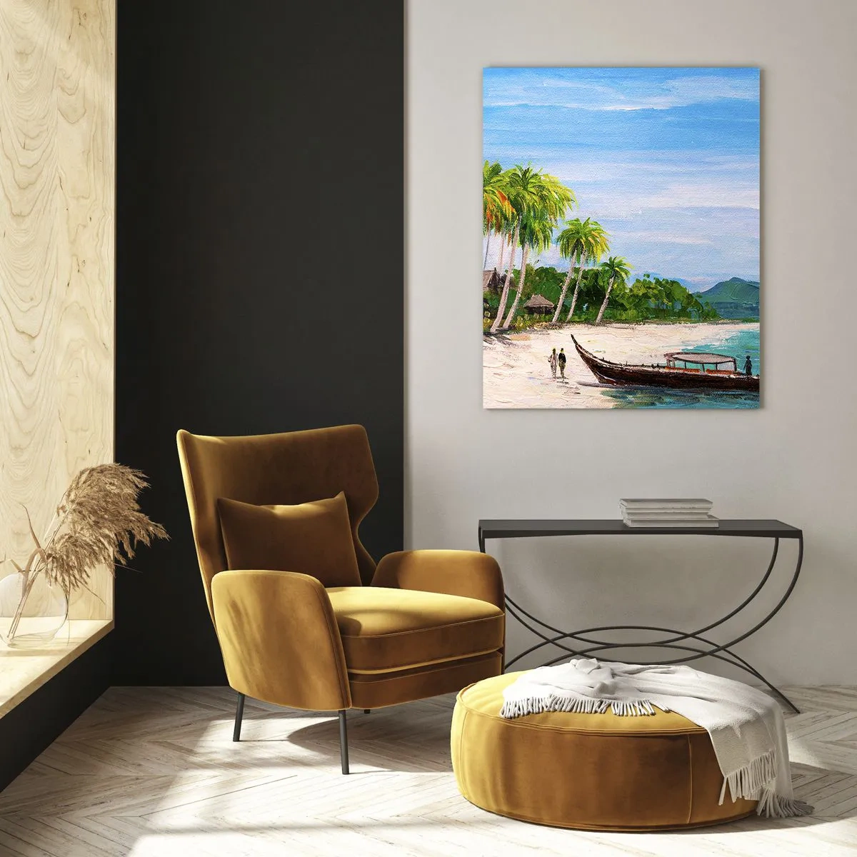 Glasbild - Bild auf glas - Ein exotischer Strand mit Palmen und einem Boot am Ufer - 80x120cm - Exotischer Traum - Moderne Wanddekoration für Wohnzimmer und Schlafzimmer ARTTOR