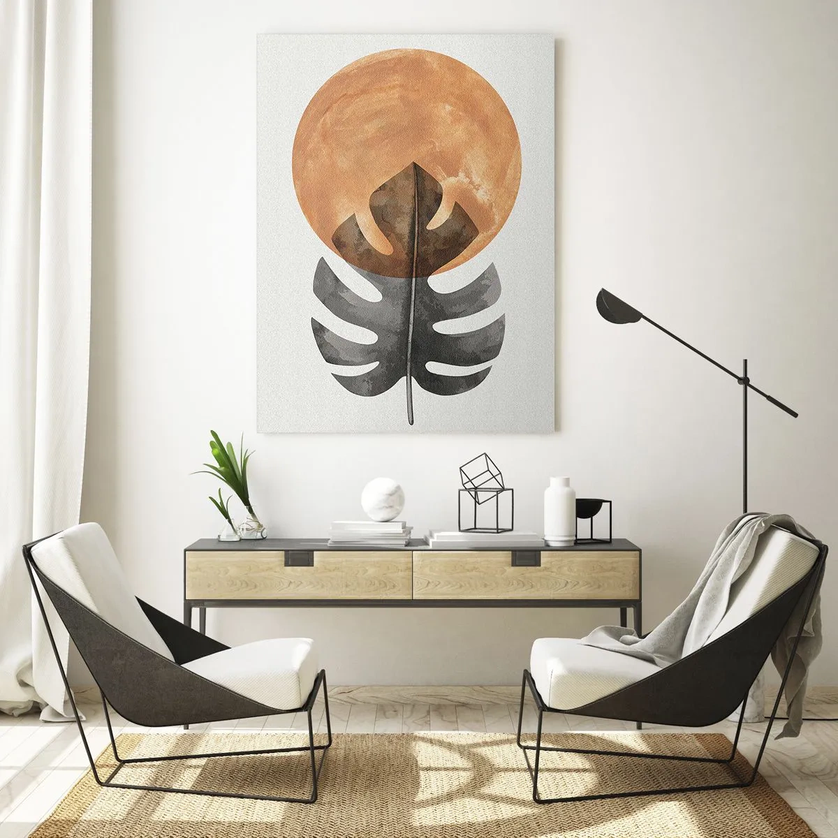 Glasbild - Bild auf glas - Monstera-Blatt und goldener Kreis auf hellem Hintergrund - 70x100cm - Immer die Sonne - Moderne Wanddekoration für Wohnzimmer und Schlafzimmer ARTTOR