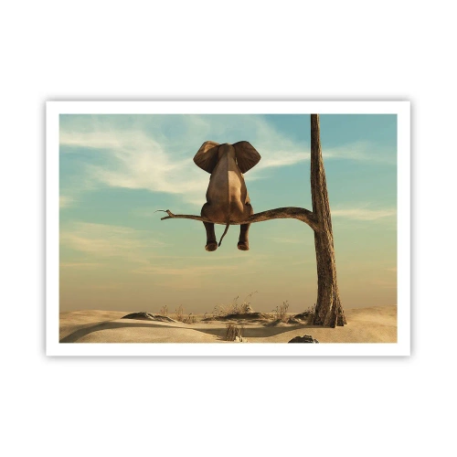 Poster - Ein Elefant sitzt auf einem Ast und blickt auf eine Wüstenlandschaft - 100x70cm - Neuer Blickwinkel - Moderne Wanddekoration für Wohnzimmer und Schlafzimmer ARTTOR
