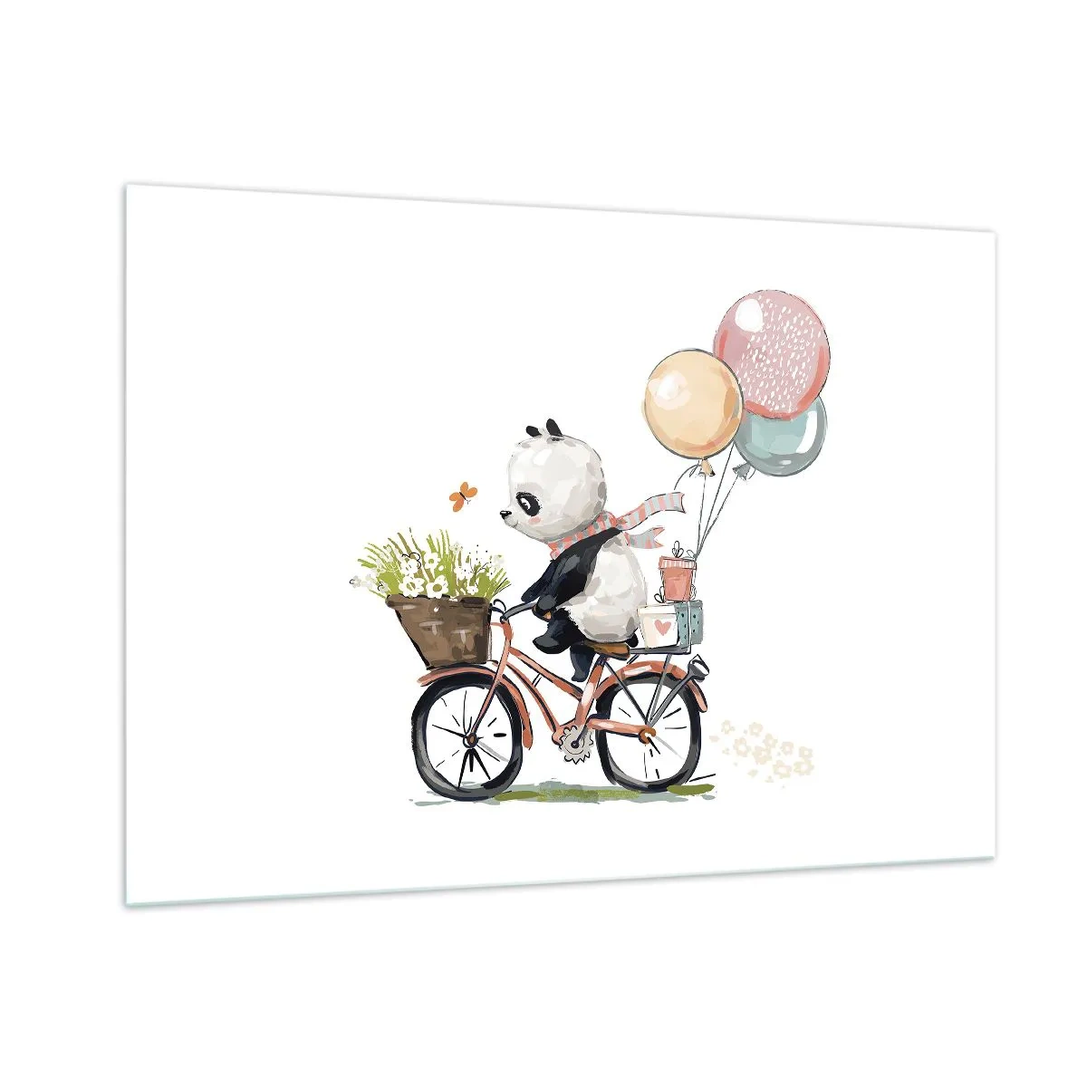 Glasbild - Bild auf glas - Ein Panda auf einem Fahrrad mit Luftballons und einem Blumenkorb. - 100x70cm - Glücklicher Tag - Moderne Wanddekoration für Wohnzimmer und Schlafzimmer ARTTOR