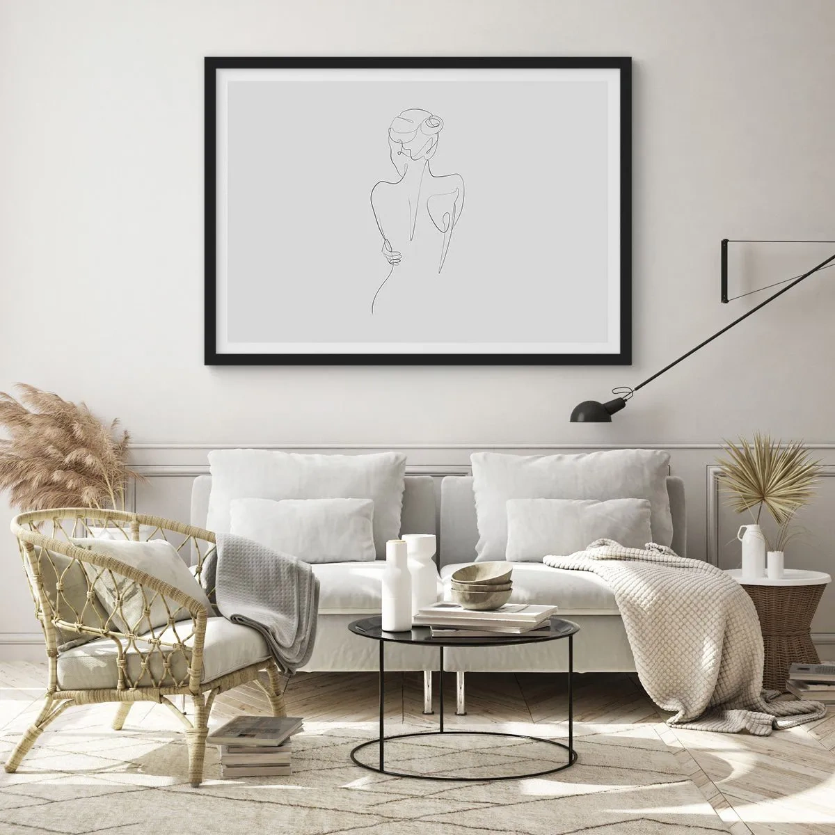 Poster in einem schwarzem Rahmen - Eine Konturlinie, die eine weibliche Silhouette vor einem hellen Hintergrund zeigt - 70x50cm - Körpermusik - Moderne Wanddekoration für Wohnzimmer und Schlafzimmer ARTTOR