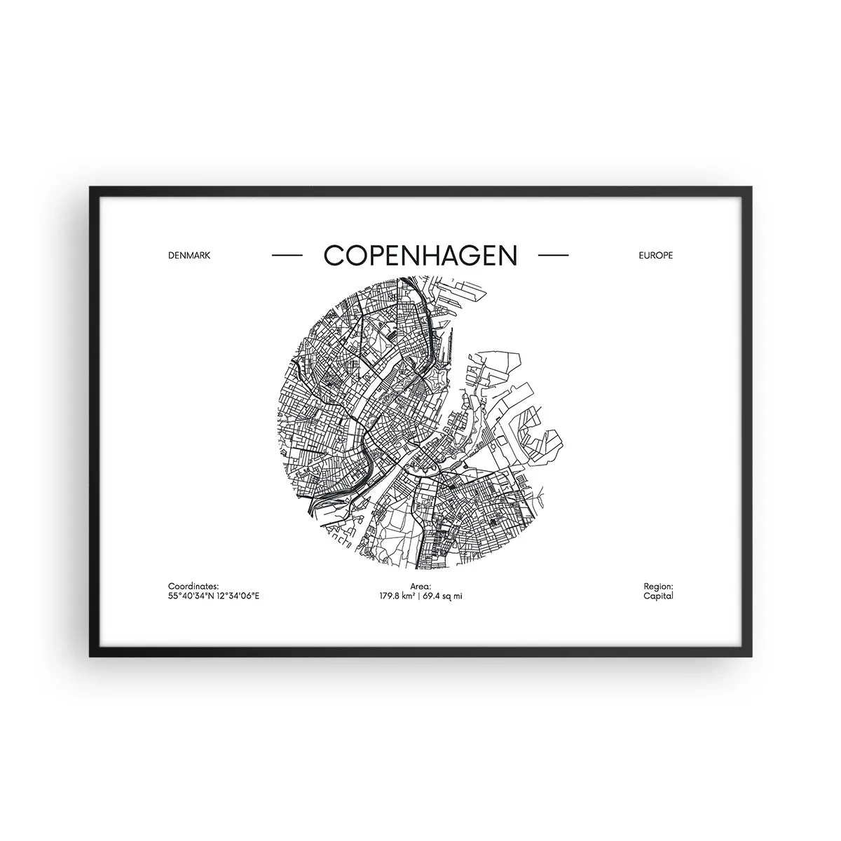 Poster in einem schwarzem Rahmen - Eine Karte von Kopenhagen im minimalistischen Schwarz-Weiß-Stil. - 100x70cm - Anatomie von Kopenhagen - Moderne Wanddekoration für Wohnzimmer und Schlafzimmer ARTTOR