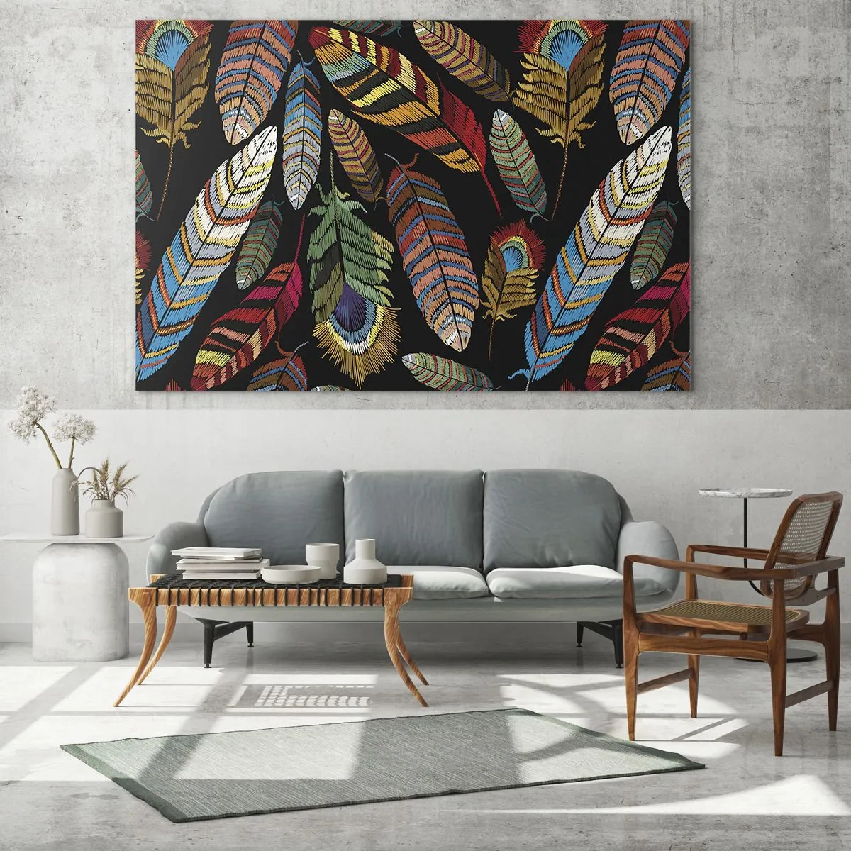 Glasbild - Bild auf glas - Bunte Federn auf dunklem Hintergrund in einem künstlerischen Muster - 120x80cm - Der Vogelkarneval - Moderne Wanddekoration für Wohnzimmer und Schlafzimmer ARTTOR