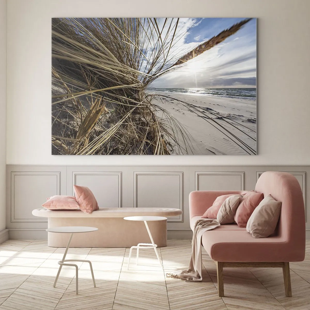 Glasbild - Bild auf glas - Goldenes Gras vor der Kulisse eines Sandstrandes und des Meeres - 70x50cm - Ein Treffen der Elemente der Natur - Moderne Wanddekoration für Wohnzimmer und Schlafzimmer ARTTOR