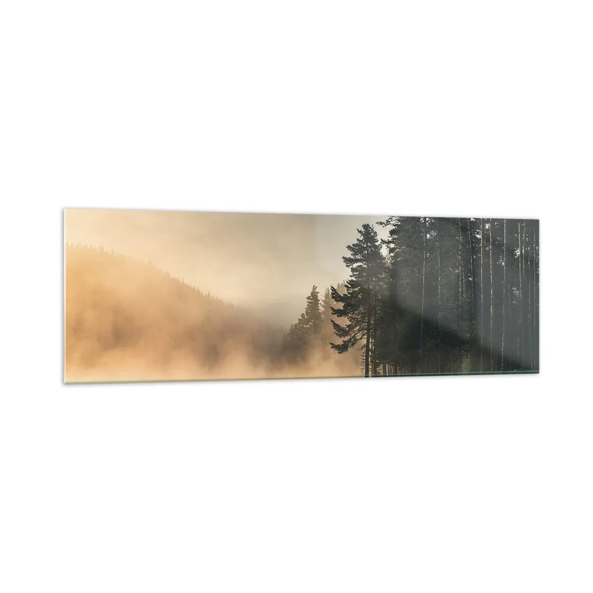 Glasbild - Bild auf glas - Ein nebliger Wald über einem ruhigen See - 160x50cm - Die Geburt des Tages - Moderne Wanddekoration für Wohnzimmer und Schlafzimmer ARTTOR