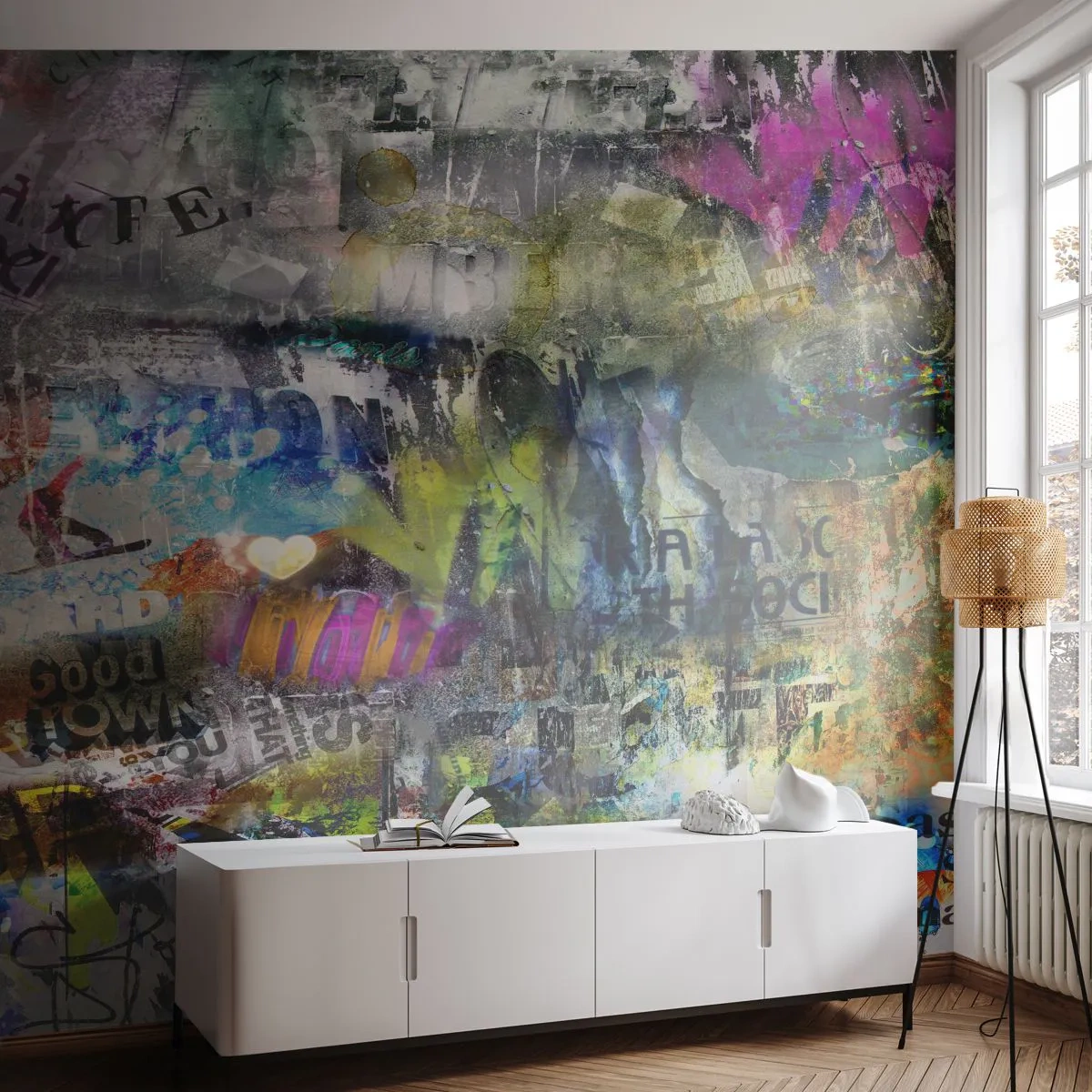 Fototapete Premium Sand - Collage aus Erinnerungen - Graffiti, Wandgemälde, Modernes Muster - 100x70 cm