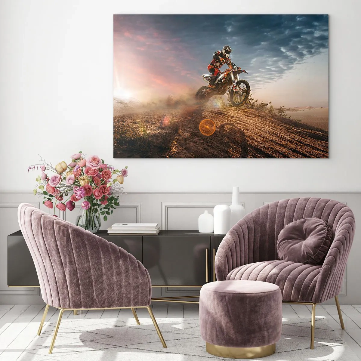 Glasbild - Bild auf glas - Motorradfahrer in der Wüste in dynamischer Umgebung - 70x50cm - Für den Sieg - Moderne Wanddekoration für Wohnzimmer und Schlafzimmer ARTTOR