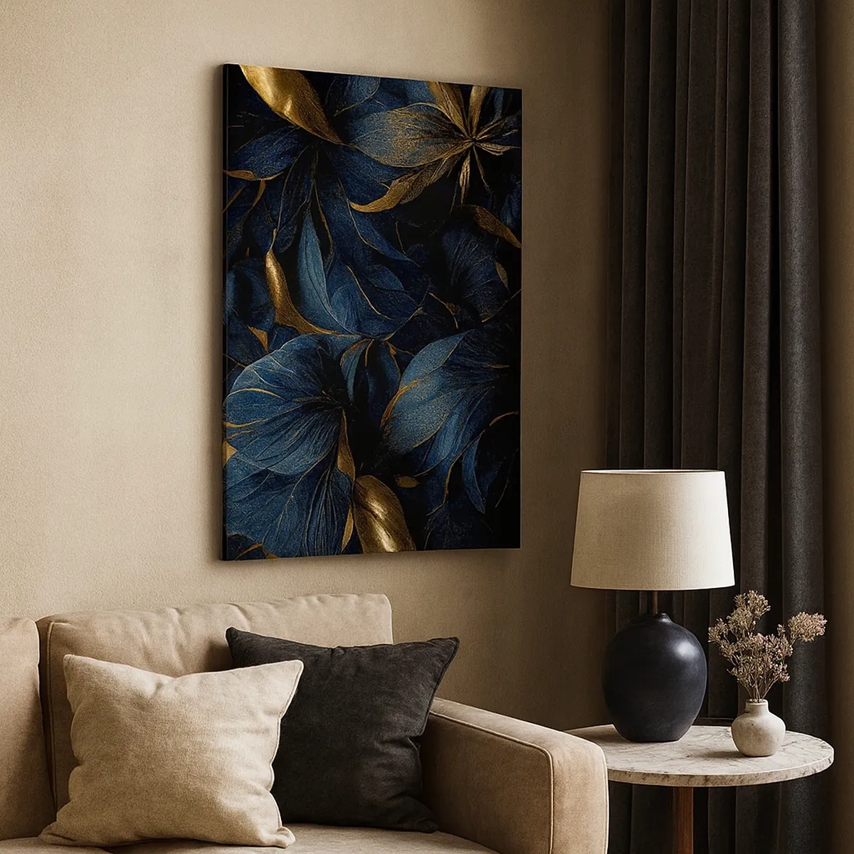 Bild auf Leinwand - Leinwandbild - Elegante Blätter in Gold- und Marineblautönen - 50x70cm - Mit Gold gefüttert - Moderne Wanddekoration für Wohnzimmer und Schlafzimmer ARTTOR