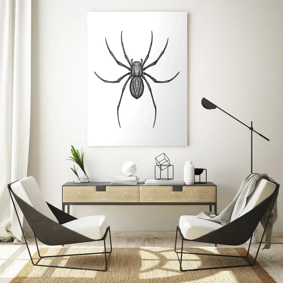 Glasbild - Bild auf glas - Retro-Stil Illustration einer schwarzen Spinne auf weißem Hintergrund - 50x70cm - Beunruhigende Präzision - Moderne Wanddekoration für Wohnzimmer und Schlafzimmer ARTTOR