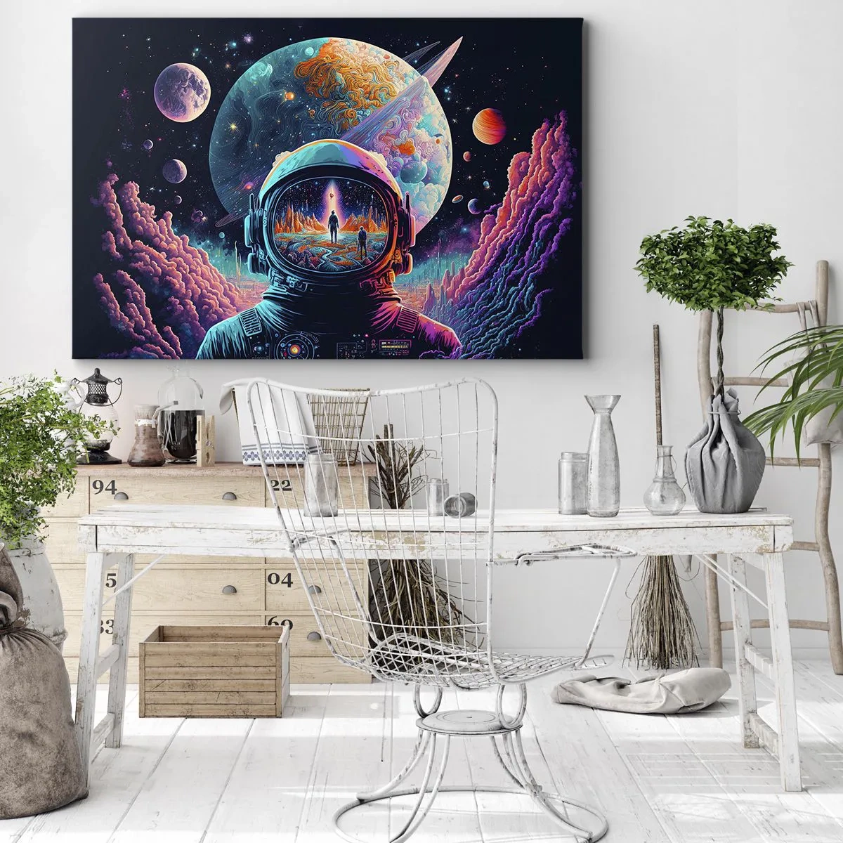 Bild auf Leinwand - Leinwandbild - Astronaut im Weltraum mit einer farbenfrohen Planetenlandschaft - 120x80cm - Philosophen haben nicht davon geträumt - Moderne Wanddekoration für Wohnzimmer und Schlafzimmer ARTTOR