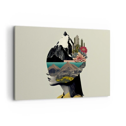 Bild auf Leinwand - Leinwandbild - Collage einer Frau mit Berglandschaft und Blumen - 120x80cm - Frau – bleibt immer ein Geheimnis - Moderne Wanddekoration für Wohnzimmer und Schlafzimmer ARTTOR