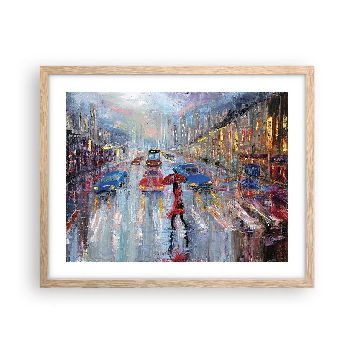 Poster in einem Rahmen aus heller Eiche - Regnerischer Nachmittag in der Stadt - 50x40 cm