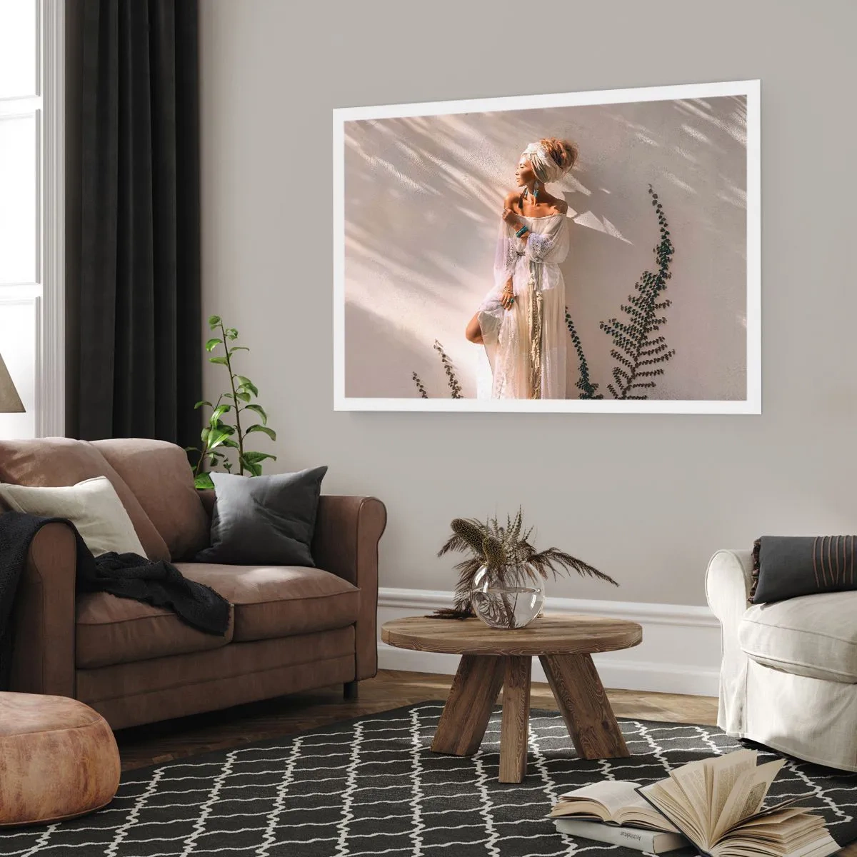 Poster - Eine Frau im Boho-Stil, beleuchtet von den Sonnenstrahlen - 100x70cm - Die Sonne und das Mädchen - Moderne Wanddekoration für Wohnzimmer und Schlafzimmer ARTTOR