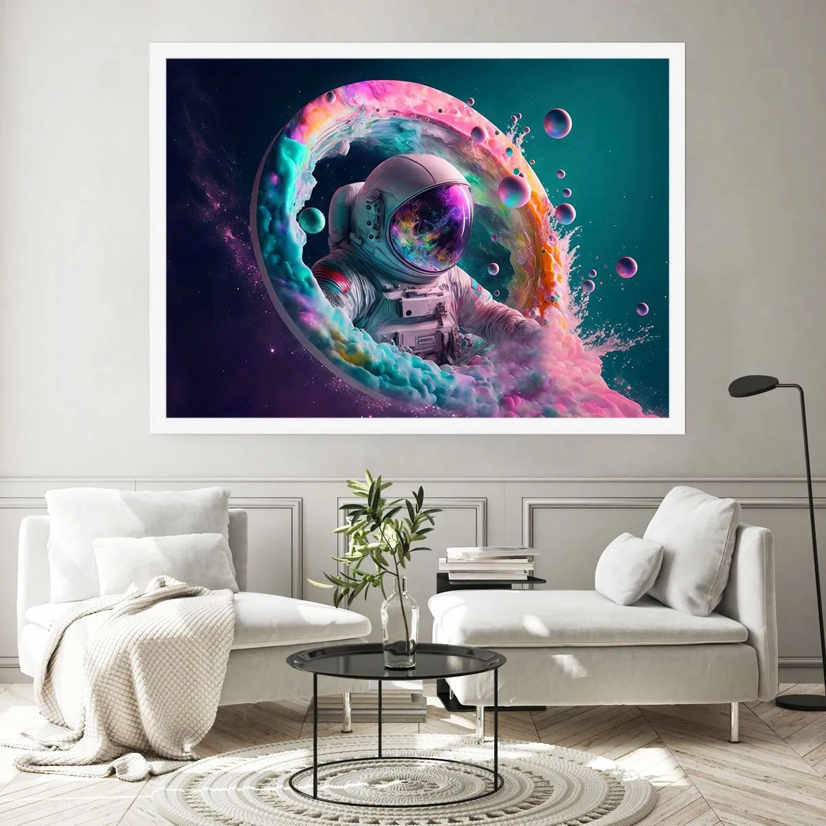Poster - Astronaut in einer farbenfrohen kosmischen Aura - 100x70cm - Sternentor - Moderne Wanddekoration für Wohnzimmer und Schlafzimmer ARTTOR