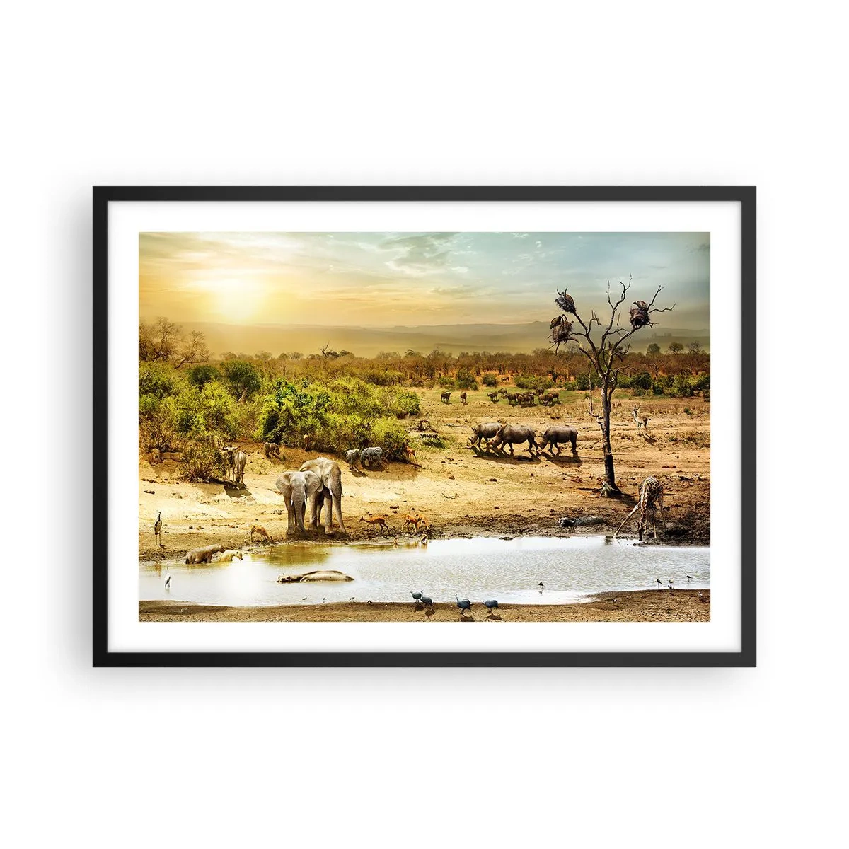 Poster in einem schwarzem Rahmen - Elefanten und Wildtiere an einer Wasserstelle bei Sonnenuntergang - 70x50cm - Ein Fluss floss aus Eden ... - Moderne Wanddekoration für Wohnzimmer und Schlafzimmer ARTTOR