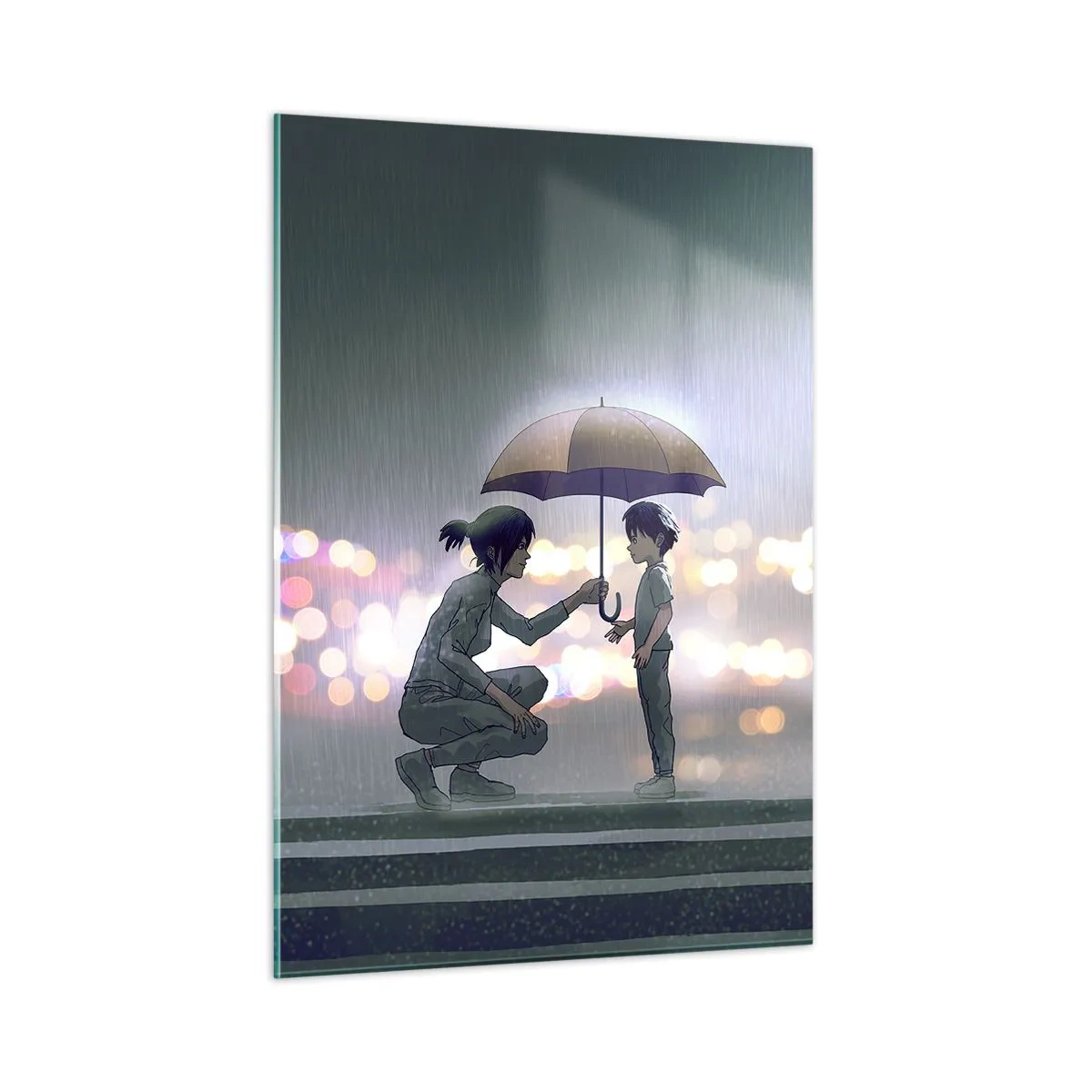 Glasbild - Bild auf glas - Figuren im Regen mit Regenschirmen vor dem Hintergrund der Nachtlichter - 50x70cm - Und jetzt ist alles in Ordnung - Moderne Wanddekoration für Wohnzimmer und Schlafzimmer ARTTOR