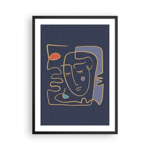 Poster in einem schwarzem Rahmen - Minimalistisches abstraktes Gesicht auf marineblauem Hintergrund im Line-Art-Stil - 50x70cm - In Gedanken - Moderne Wanddekoration für Wohnzimmer und Schlafzimmer ARTTOR