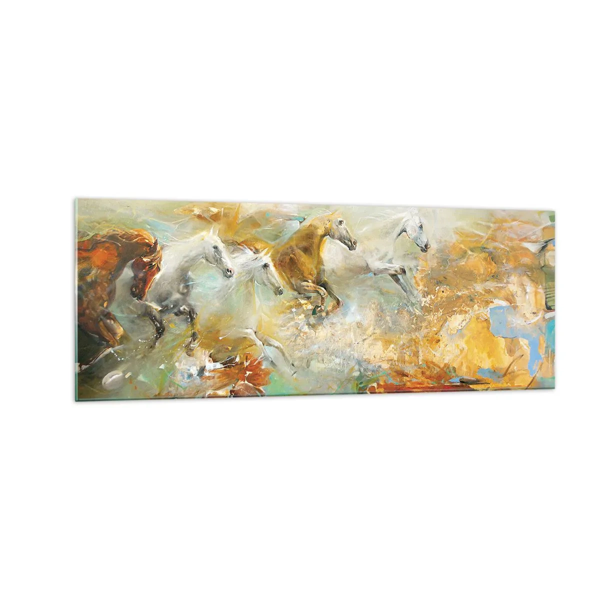 Glasbild - Bild auf glas - Künstlerische Pferde in einer dynamischen, farbenfrohen Umgebung - 140x50cm - Im Galopp durch das Licht - Moderne Wanddekoration für Wohnzimmer und Schlafzimmer ARTTOR