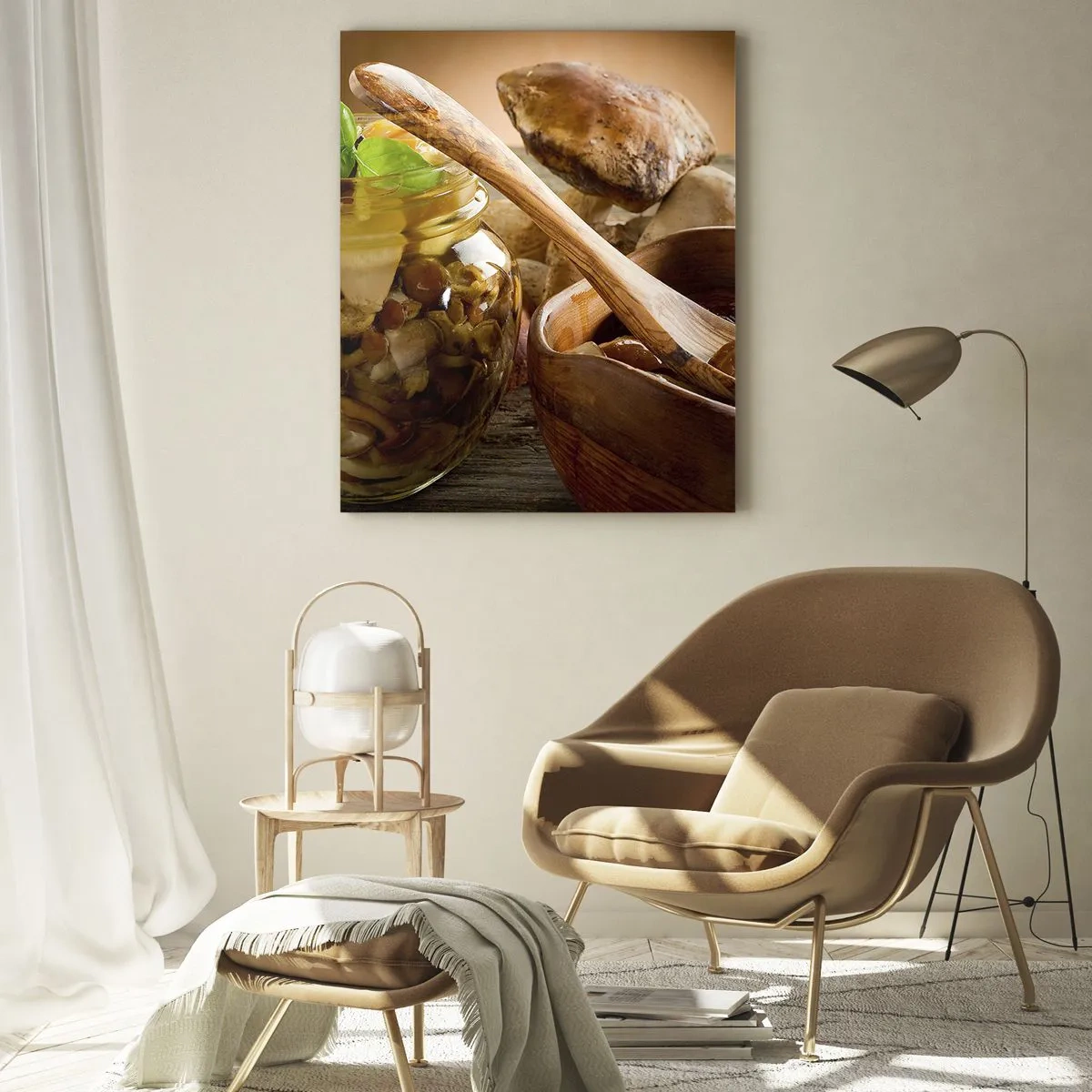 Glasbild - Bild auf glas - Natürliche Pilze in einem Glas auf einem rustikalen Tisch - 80x120cm - Ob frisch oder gesalzen, oder in der Herbstsaison ... - Moderne Wanddekoration für Wohnzimmer und Schlafzimmer ARTTOR
