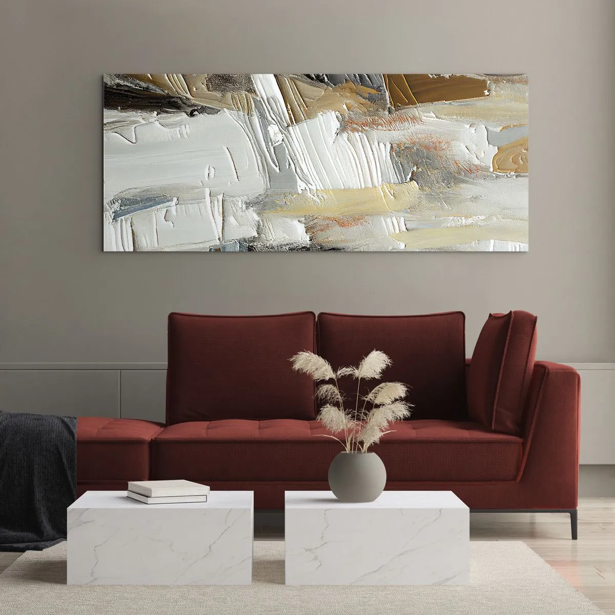 Glasbild - Bild auf glas - Texturale Abstraktion in Erdtönen und Weiß - 120x50cm - Bunte Schichten - Moderne Wanddekoration für Wohnzimmer und Schlafzimmer ARTTOR