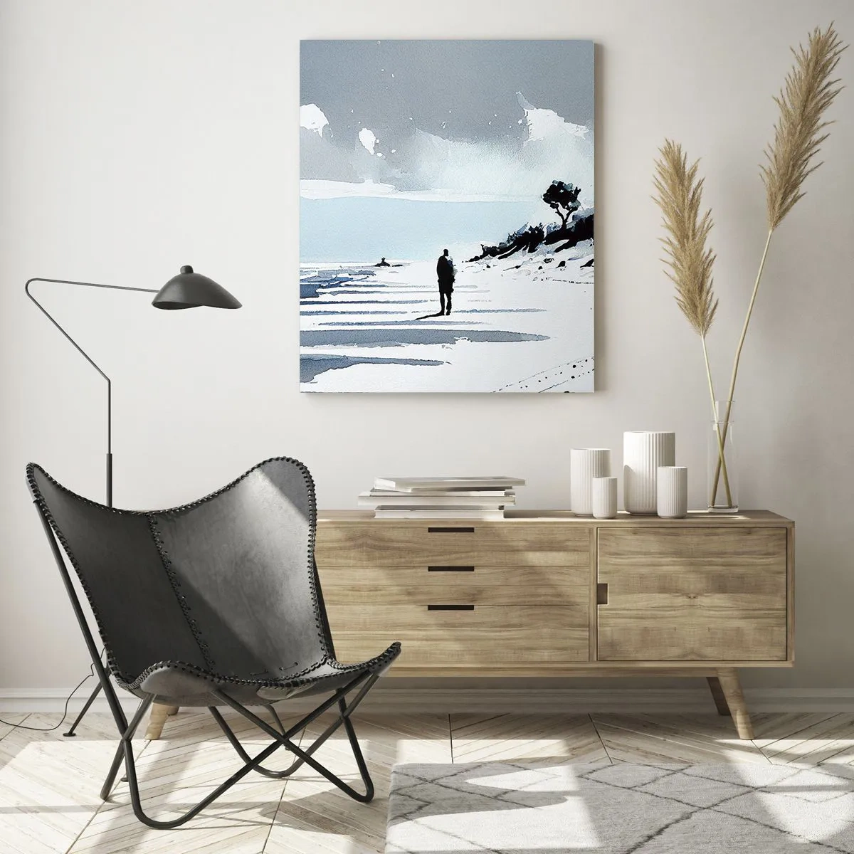Glasbild - Bild auf glas - Silhouette einer einsamen Person, die an einem leeren Strand spazieren geht - 50x70cm - Allein sein - Moderne Wanddekoration für Wohnzimmer und Schlafzimmer ARTTOR