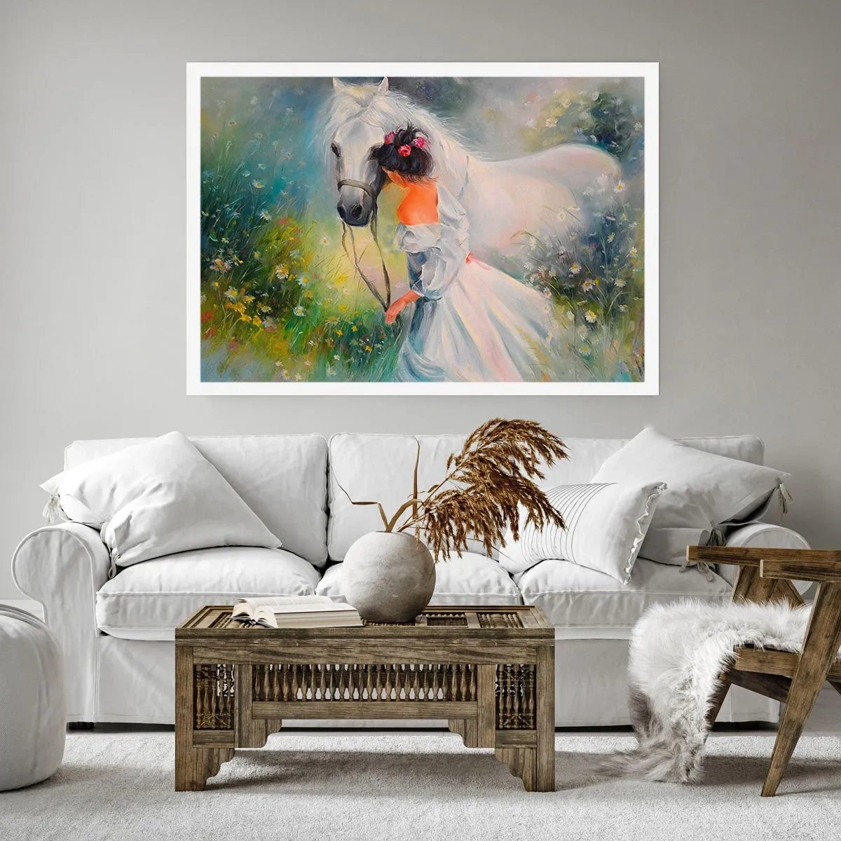 Poster - Eine Frau mit einem weißen Pferd in einer malerischen Umgebung - 100x70cm - Wie aus einem schönen Traum - Moderne Wanddekoration für Wohnzimmer und Schlafzimmer ARTTOR