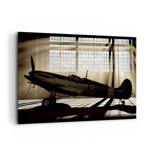 Bild auf Leinwand - Leinwandbild - Ein historisches Flugzeug in einem Hangar, beleuchtet vom Sonnenlicht - 120x80cm - Die Ruhe eines Kriegers - Moderne Wanddekoration für Wohnzimmer und Schlafzimmer ARTTOR