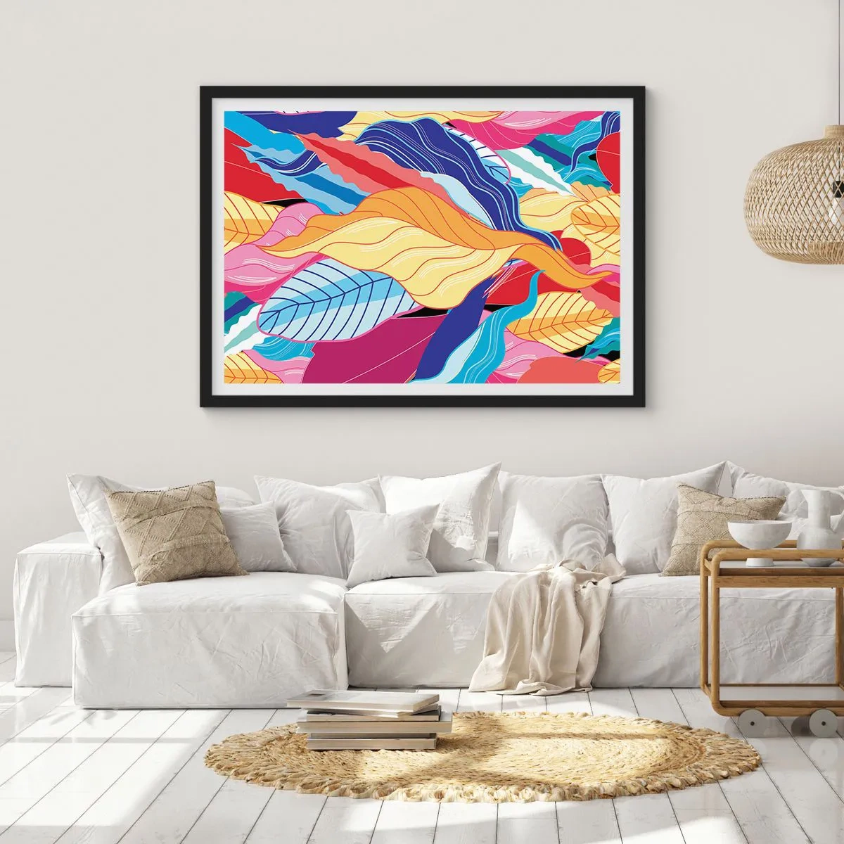 Poster in einem schwarzem Rahmen - Kräftig gefärbte Blätter schaffen eine dynamische Komposition - 70x50cm - Buntes Durcheinander - Moderne Wanddekoration für Wohnzimmer und Schlafzimmer ARTTOR