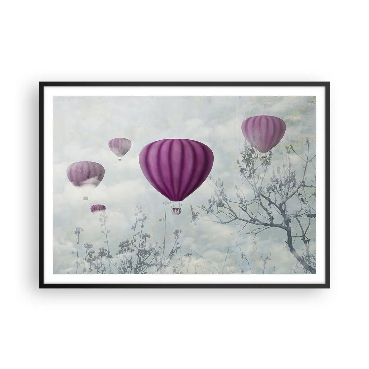 Poster in einem schwarzem Rahmen - Lila Ballons schweben über den Bäumen in den Wolken - 100x70cm - Wie Schiffe am Himmel - Moderne Wanddekoration für Wohnzimmer und Schlafzimmer ARTTOR