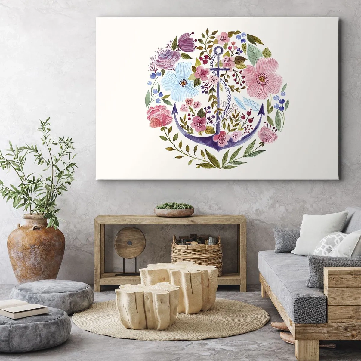 Bild auf Leinwand - Leinwandbild - Ein Anker, umgeben von Aquarellblumen auf hellem Hintergrund - 70x50cm - Guter Traum eines Seemanns - Moderne Wanddekoration für Wohnzimmer und Schlafzimmer ARTTOR
