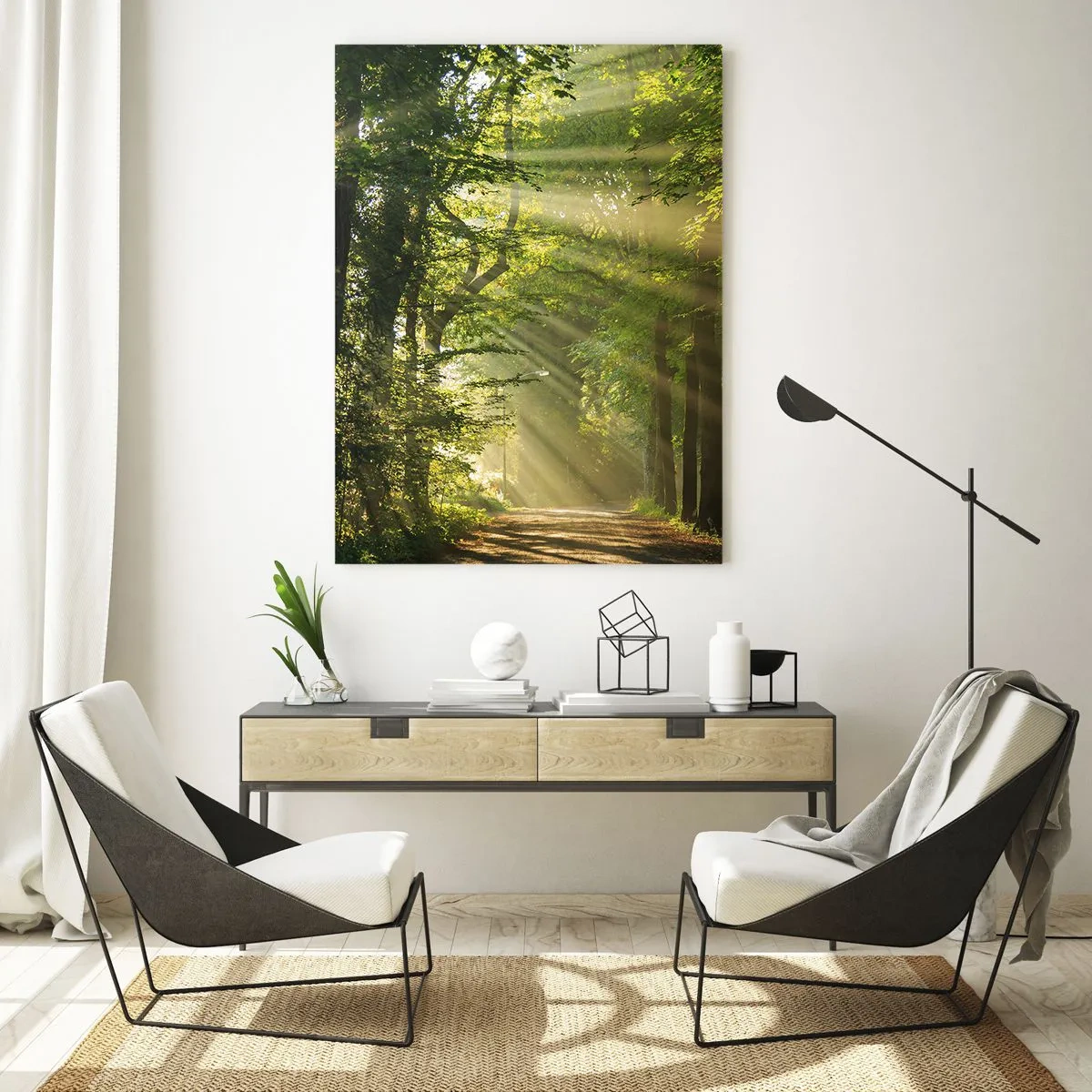 Glasbild - Bild auf glas - Waldweg mit Sonnenstrahlen, die durch die Bäume scheinen - 80x120cm - Waldmoment - Moderne Wanddekoration für Wohnzimmer und Schlafzimmer ARTTOR