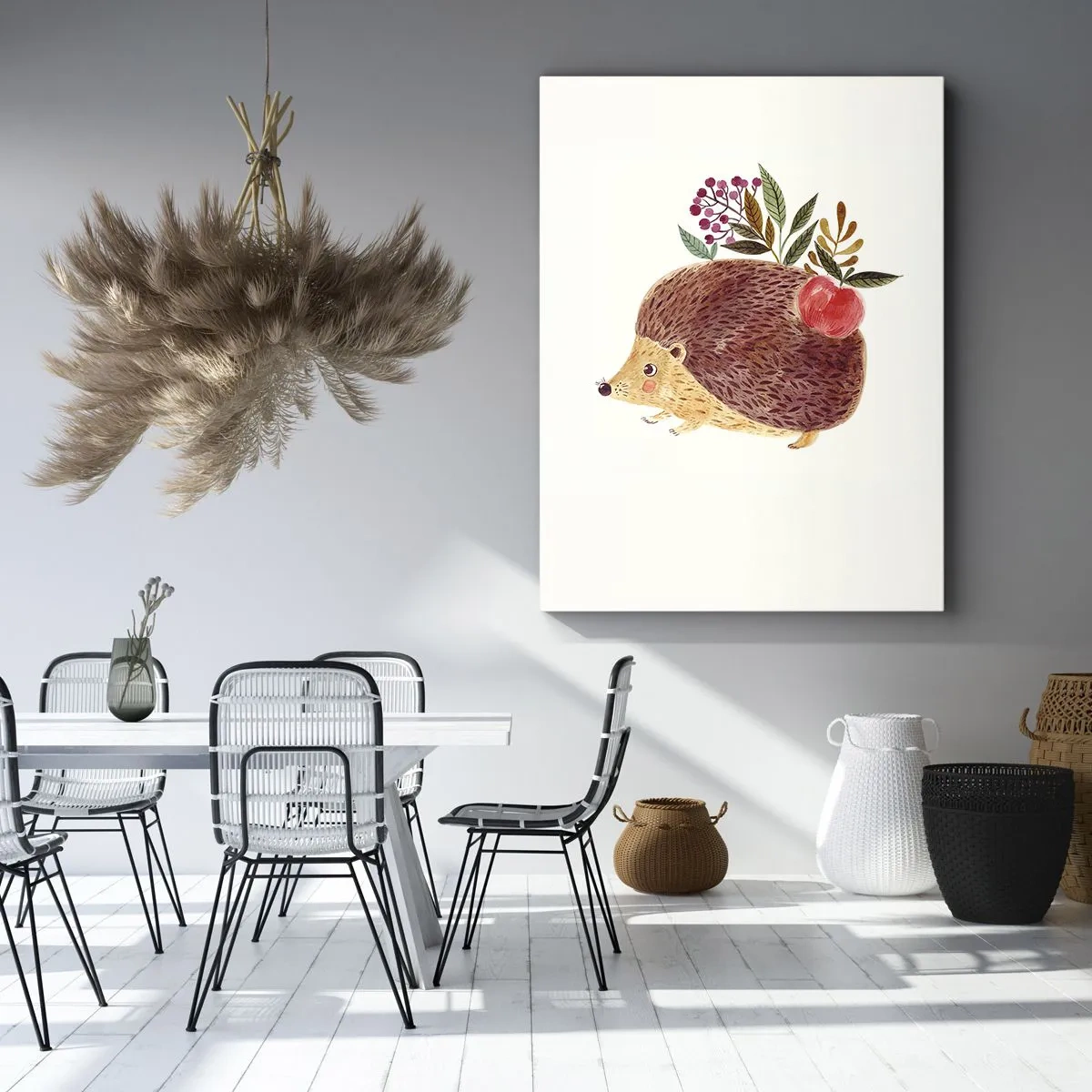 Bild auf Leinwand - Leinwandbild - Ein süßer Igel mit einem Apfel und Pflanzen im illustrativen Stil - 50x70cm - Und dann magst du mich schon - Moderne Wanddekoration für Wohnzimmer und Schlafzimmer ARTTOR