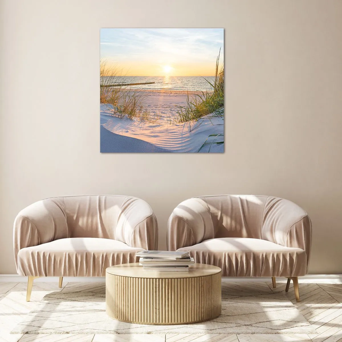 Glasbild - Bild auf glas - Das Rauschen des Meeres, der Gesang der Vögel, ein wilder Strand im Gras ... - 60x60 cm