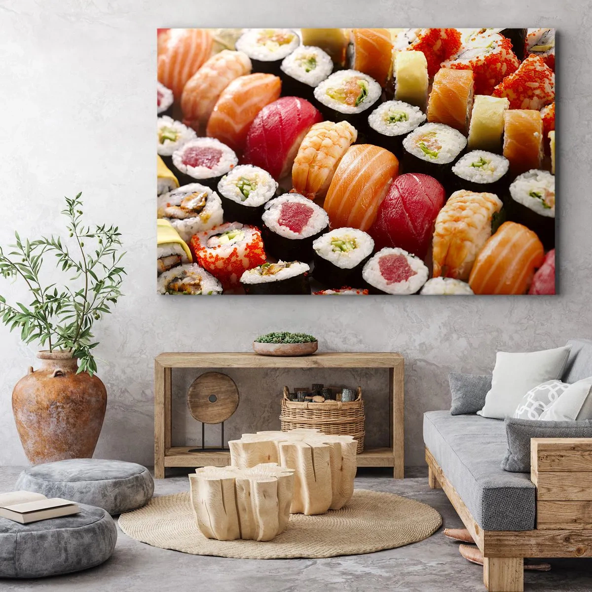 Bild auf Leinwand - Leinwandbild - Buntes Sushi in Reihen angeordnet mit verschiedenen Toppings - 120x80cm - Farben und Aromen Asiens - Moderne Wanddekoration für Wohnzimmer und Schlafzimmer ARTTOR
