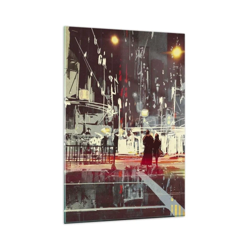 Glasbild - Bild auf glas - Stadt bei Nacht mit Neonlichtern und Silhouetten von Menschen auf der Straße - 80x120cm - Eine große Stadtüberquerung - Moderne Wanddekoration für Wohnzimmer und Schlafzimmer ARTTOR