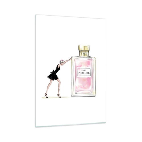 Glasbild - Bild auf glas - Eine Frau in einem schwarzen Kleid neben einer großen Parfümflasche - 50x70cm - Essenz der Weiblichkeit - Moderne Wanddekoration für Wohnzimmer und Schlafzimmer ARTTOR