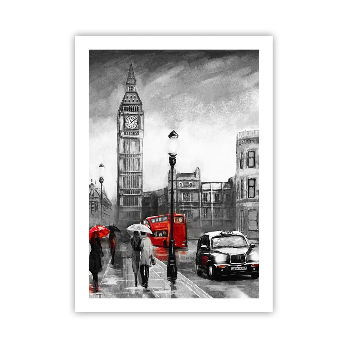 Poster - Big Ben an einem regnerischen Tag mit roten Akzenten - 50x70cm - Gar keine graue Stadt - Moderne Wanddekoration für Wohnzimmer und Schlafzimmer ARTTOR