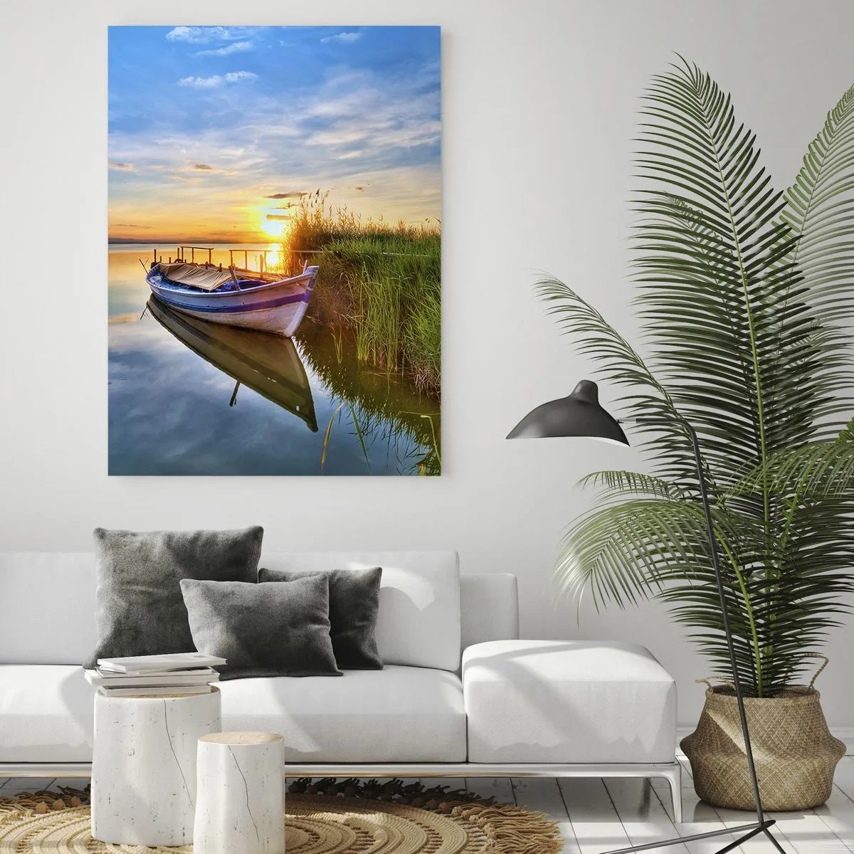 Glasbild - Bild auf glas - Ein Boot in einer ruhigen Bucht bei Sonnenuntergang - 80x120cm - Bucht erfüllter Träume - Moderne Wanddekoration für Wohnzimmer und Schlafzimmer ARTTOR