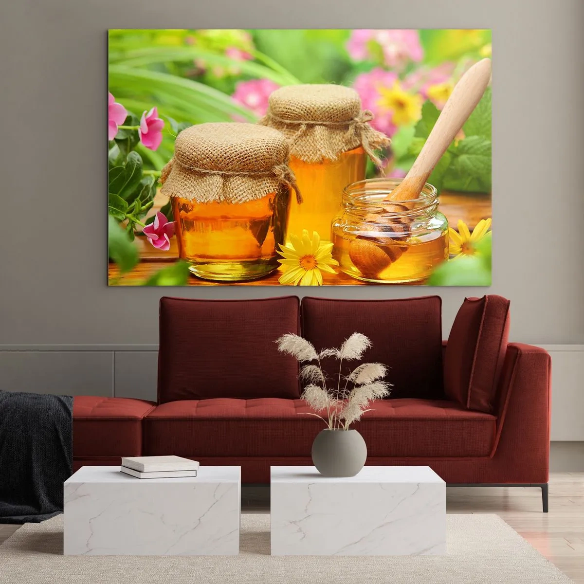 Glasbild - Bild auf glas - Gläser mit Honig vor einem Hintergrund von Blumen im Garten - 70x50cm - Süß und blumig - Moderne Wanddekoration für Wohnzimmer und Schlafzimmer ARTTOR