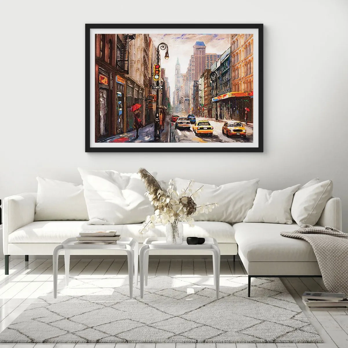 Poster in einem schwarzem Rahmen - Stadtbild mit einer Straße und gelben Taxis - 70x50cm - New York - auch im Regen bunt - Moderne Wanddekoration für Wohnzimmer und Schlafzimmer ARTTOR