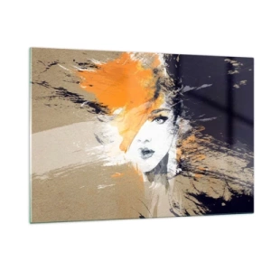 Glasbild - Bild auf glas - Abstraktes Porträt einer Frau mit orangefarbenen Akzenten - 120x80cm - Und es ist Licht - Moderne Wanddekoration für Wohnzimmer und Schlafzimmer ARTTOR