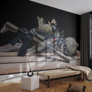 Fototapete Standard Eco - Taktische Kampfausrüstung mit Gewehr und Helm - 100x70cm - Sich ausruhen! - Moderne Wanddekoration für Wohnzimmer und Schlafzimmer ARTTOR