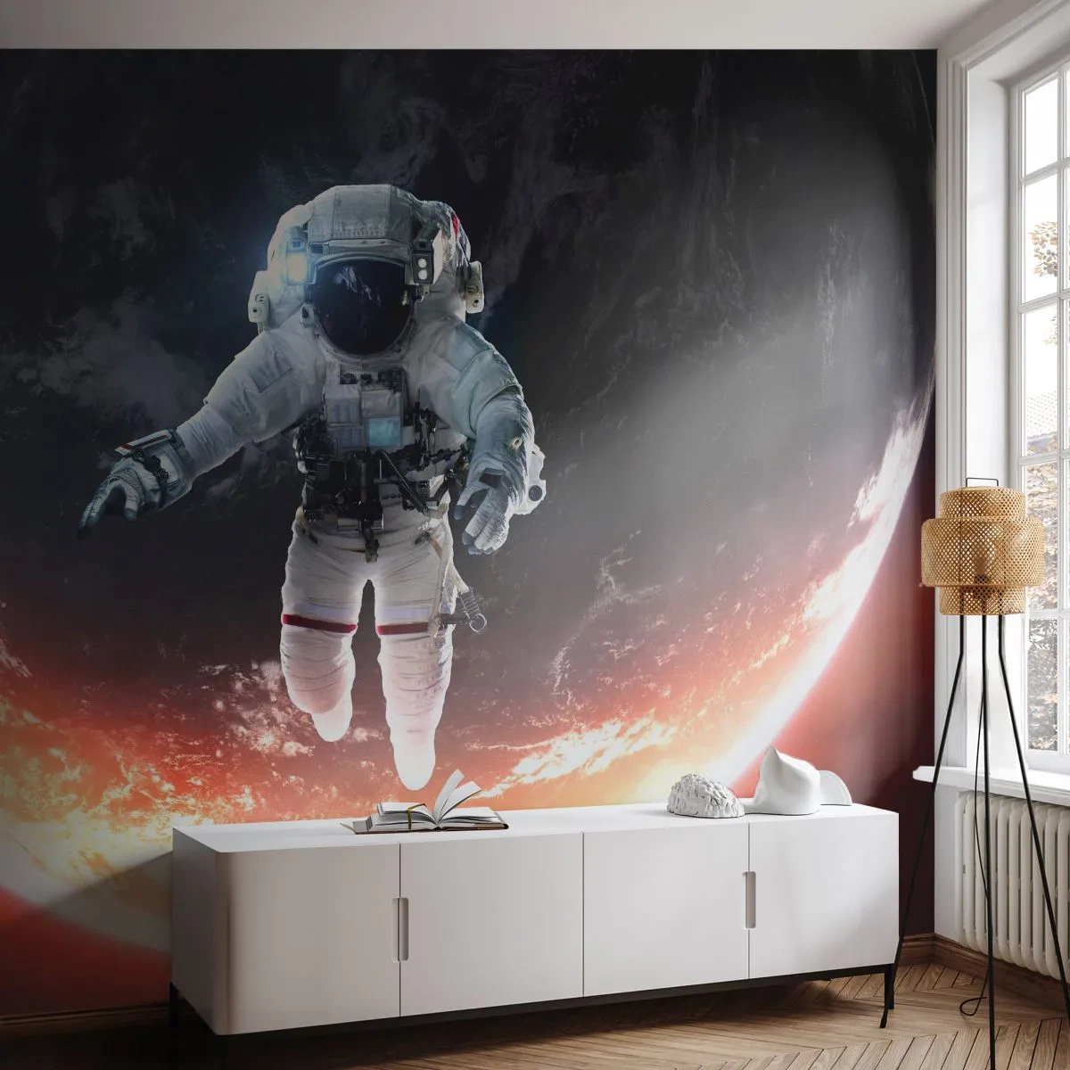 Fototapete Premium Sand - Kann ich noch eine Weile bleiben? - Astronaut, Kosmos, Kosmonaut - 250x175 cm