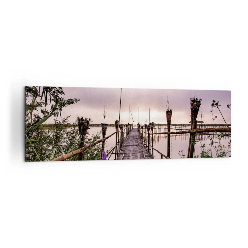 Bild auf Leinwand - Leinwandbild - Bambusbrücke über das Wasser im Morgengrauen - 160x50cm - Frieden und Ruhe Asiens - Moderne Wanddekoration für Wohnzimmer und Schlafzimmer ARTTOR