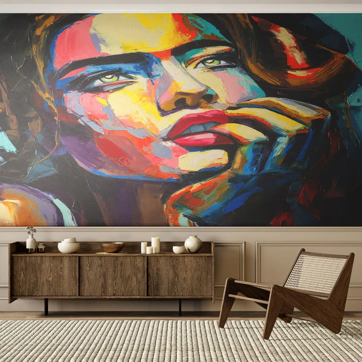 Fototapete Premium Sand - Ein farbenfrohes Frauenporträt im expressiven Malstil. - 100x70cm - Träume fliegen am Himmel wie Vögel - Moderne Wanddekoration für Wohnzimmer und Schlafzimmer ARTTOR